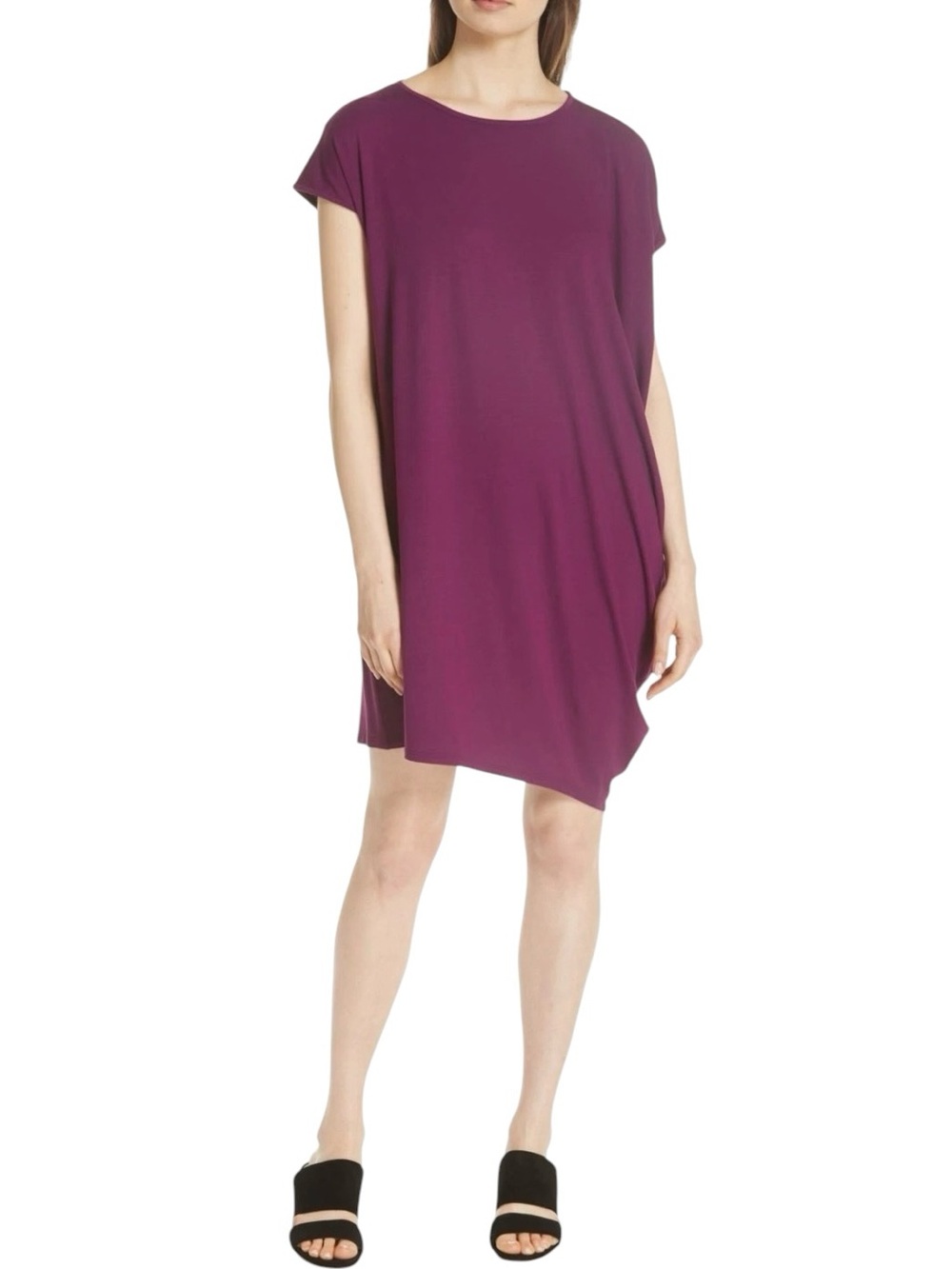 Eileen Fisher asymmetrical jersey shift dress in plum size L excellent condition
